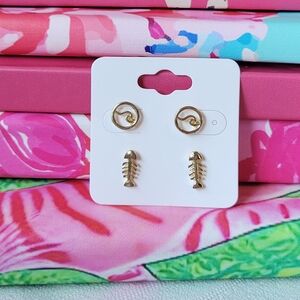 Gold Fishbone & Ocean Wave Post Earring Set